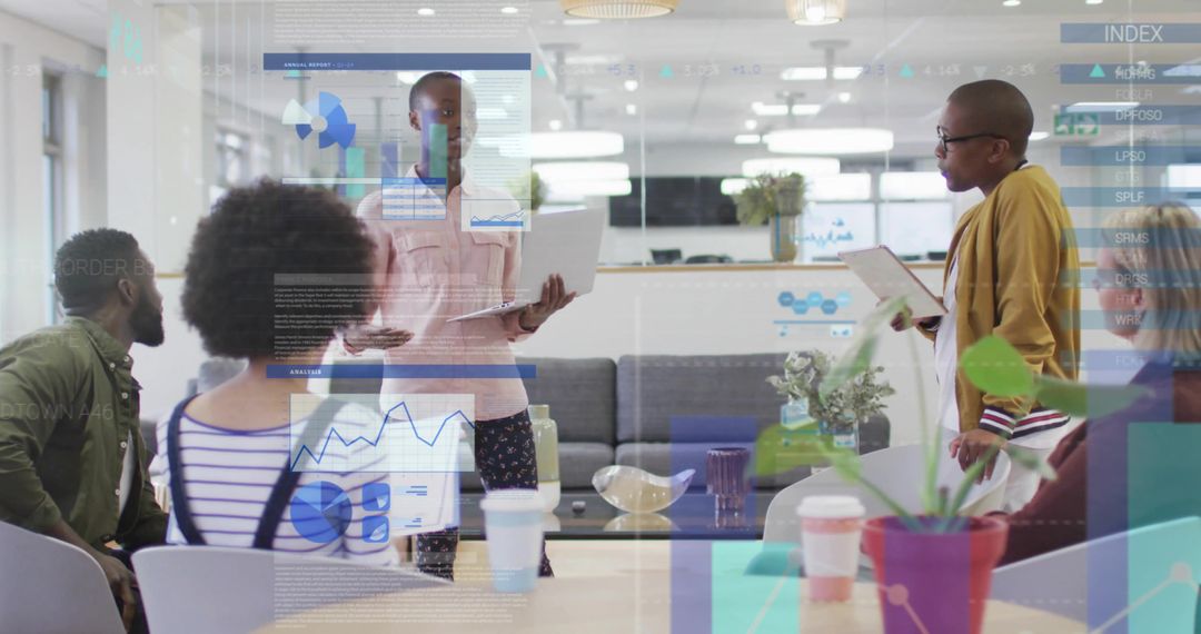 Presenting Team Collaborating in Modern Lounge with Augmented Reality Data Overlays