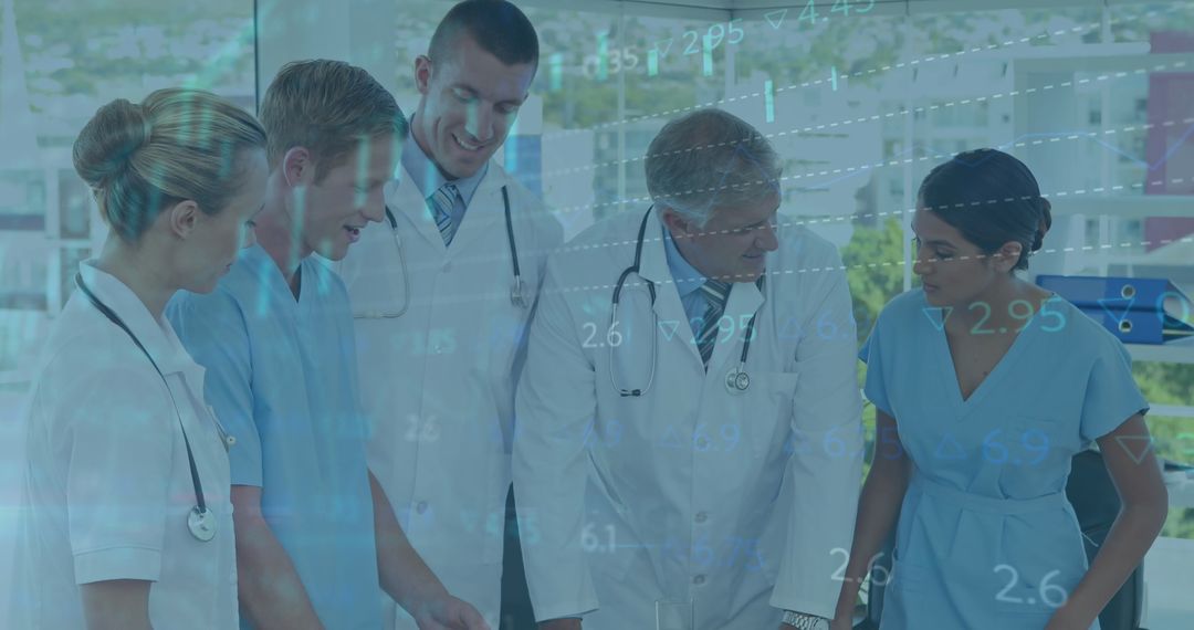 Doctors Analyzing Medical Data with Financial Analytics Overlay