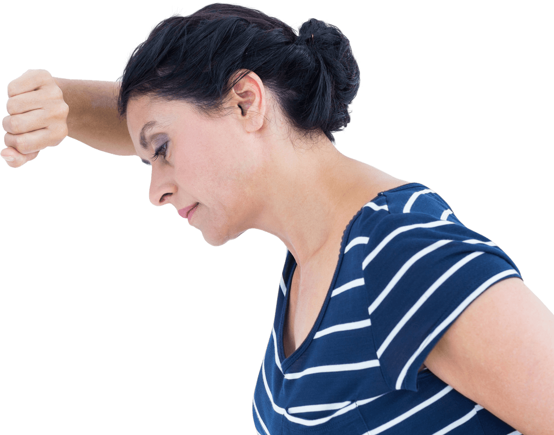 Thoughtful Woman Leaning on Arm with Transparent Background