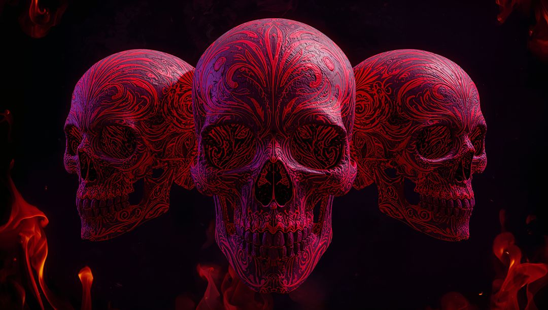 Floating Gothic Skulls with Intricate Red Patterns and Flames