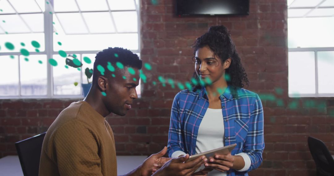 Diverse Professionals Discussing Tech Innovations with Data Overlay