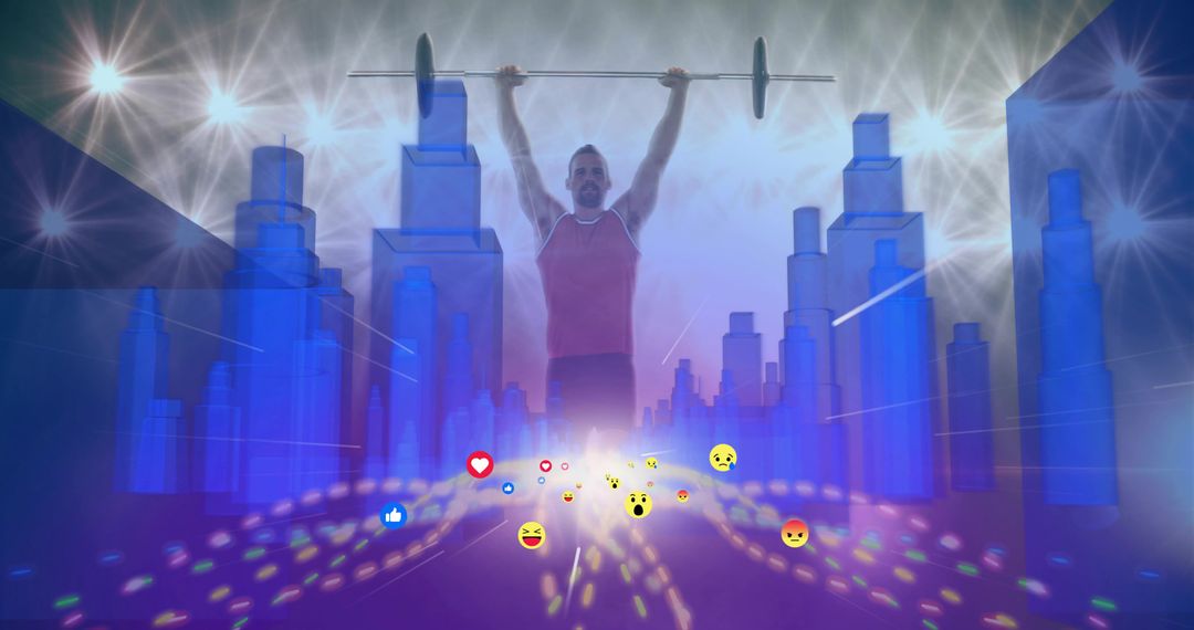 Man Lifting Barbell in Futuristic Digital Cityscape