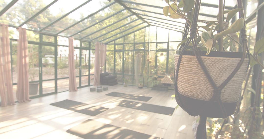 Sunlit conservatory hanging woven planter with yoga mats and meditation cushions