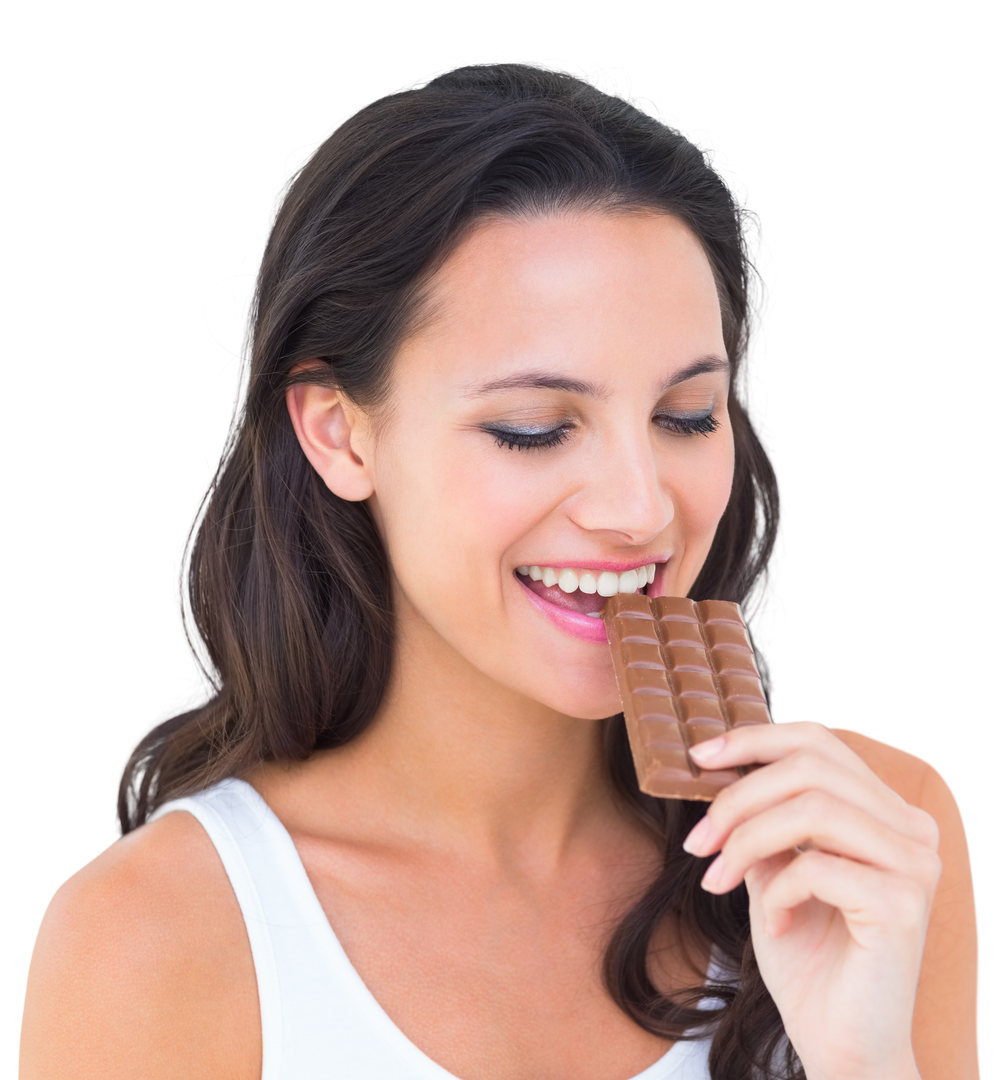 Brunette Woman Enjoying Delicious Chocolate Bar, Crystal Clear Background - Download Free Stock Images Pikwizard.com