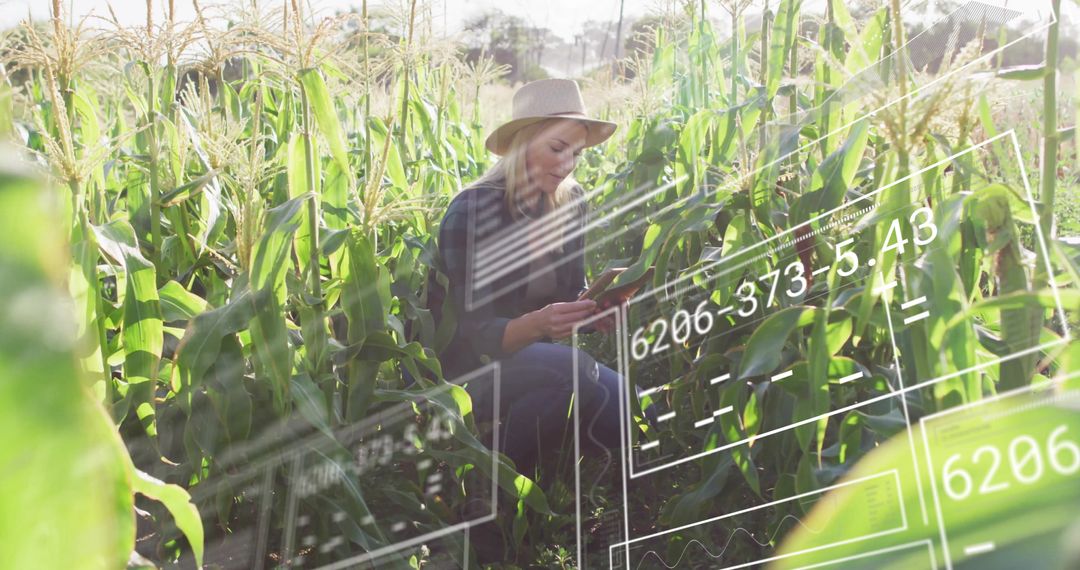 Woman in Cornfield Analyzing Crop Data through Tablet Overlay