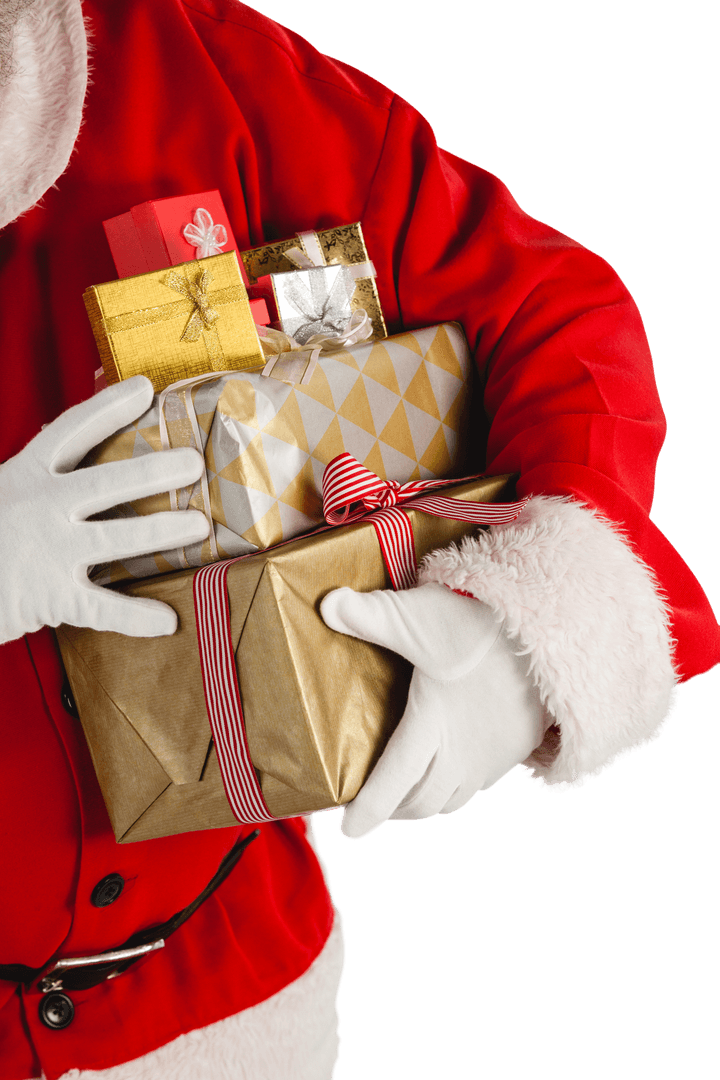 Transparent Midsection of Santa Claus Holding Wrapped Gifts