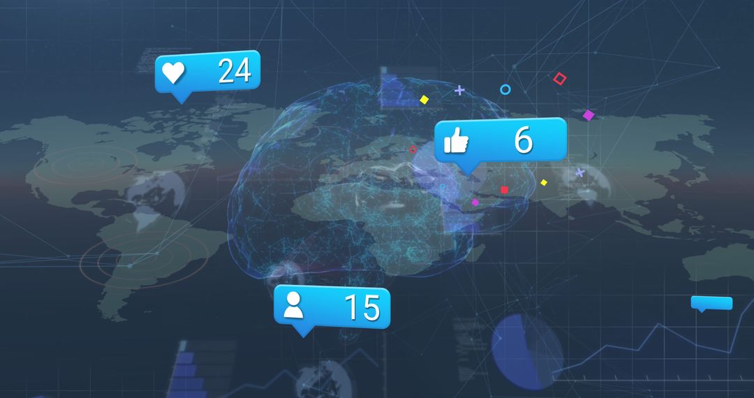 Digital Brain with Social Media Engagement Over World Map