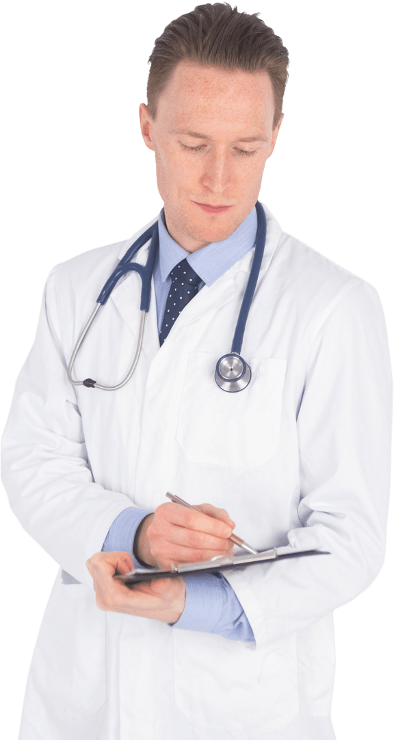 Transparent Vision: Serious Doctor Taking Notes with Stethoscope