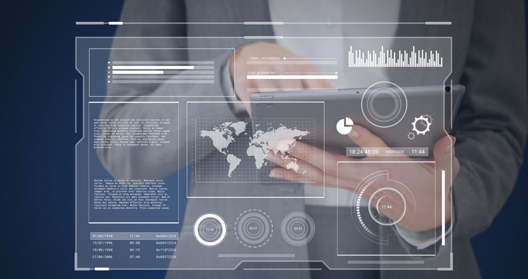 Businessman Utilizing High-Tech Tablet with Virtual Data Interface