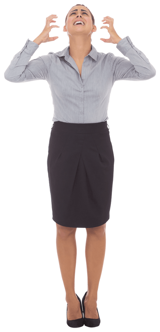 Furious Businesswoman Expressing Anger with Raised Arms Transparent Background