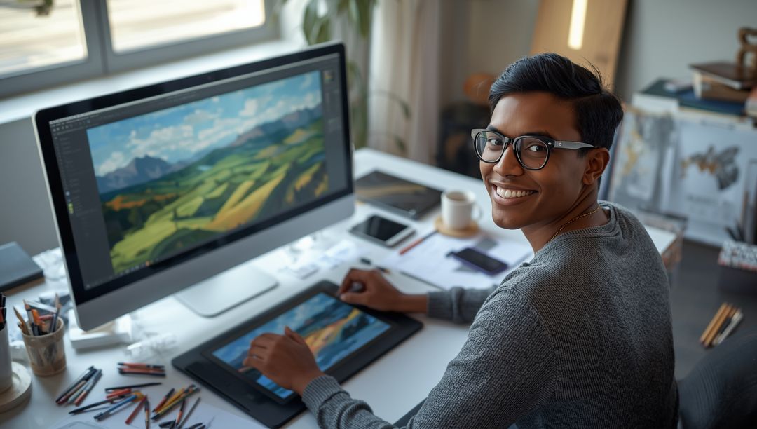 Smiling Digital Artist Creating on Pen Display Tablet at Home Office