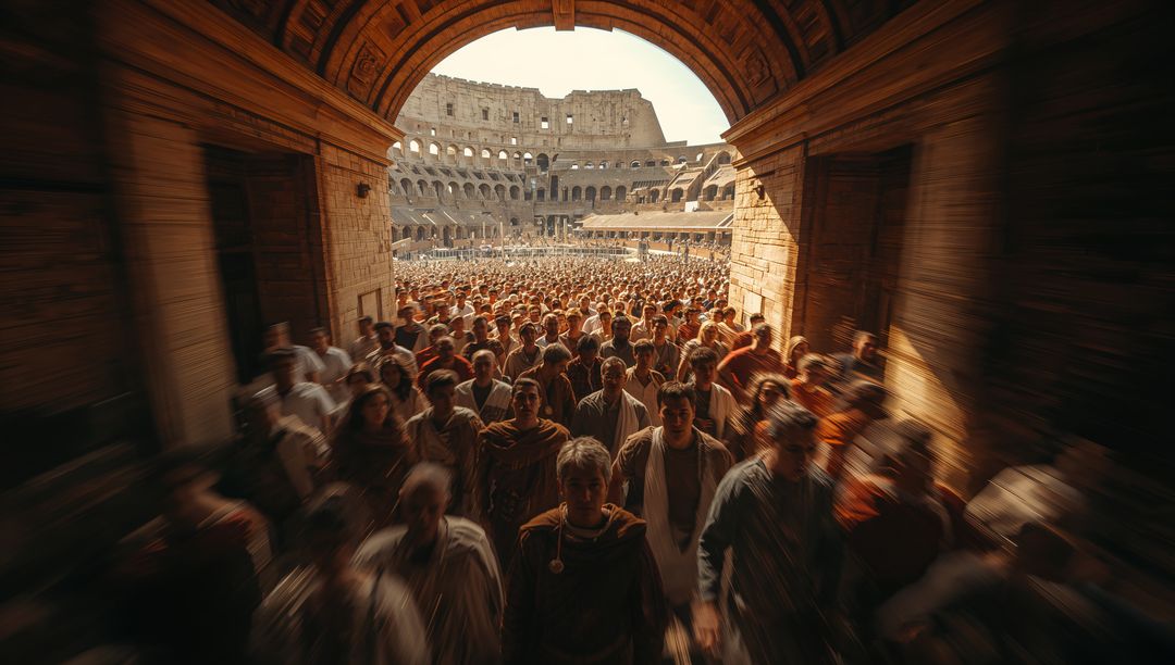 Massive crowd entering sunlit Roman Colosseum through ancient stone arch