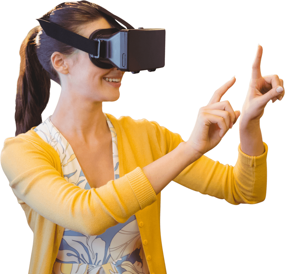 Caucasian Woman Engaging with Virtual Reality Using Headset Transparent