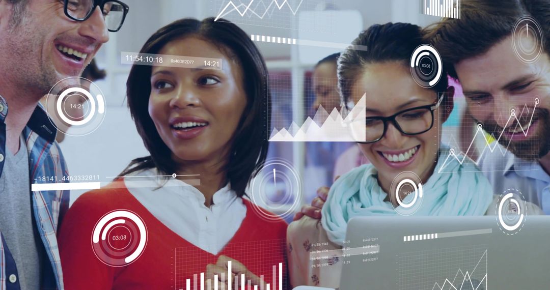 Diverse Team Analyzing Data on Laptop with Contemporary Visuals