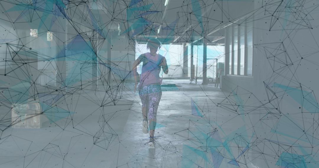 Woman Running Through Digital Connections Network