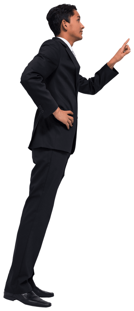 Caucasian Businessman in Suit Pointing with Finger on Transparent Background