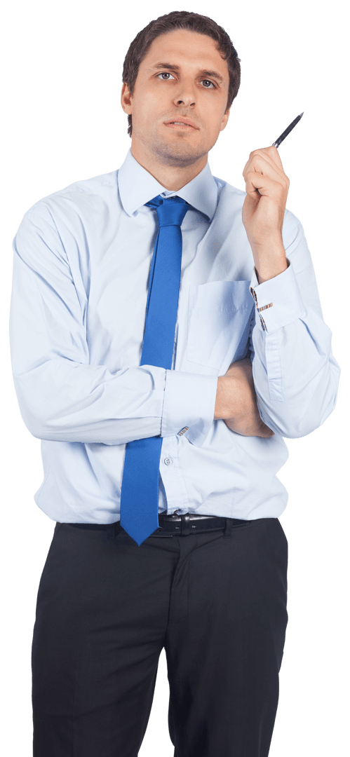Thoughtful Businessman with Pen on Transparent Background Isolated