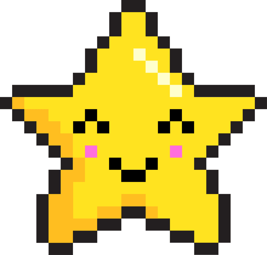 Cheerful Pixel Art Star with Glossy Highlight on Transparent Background