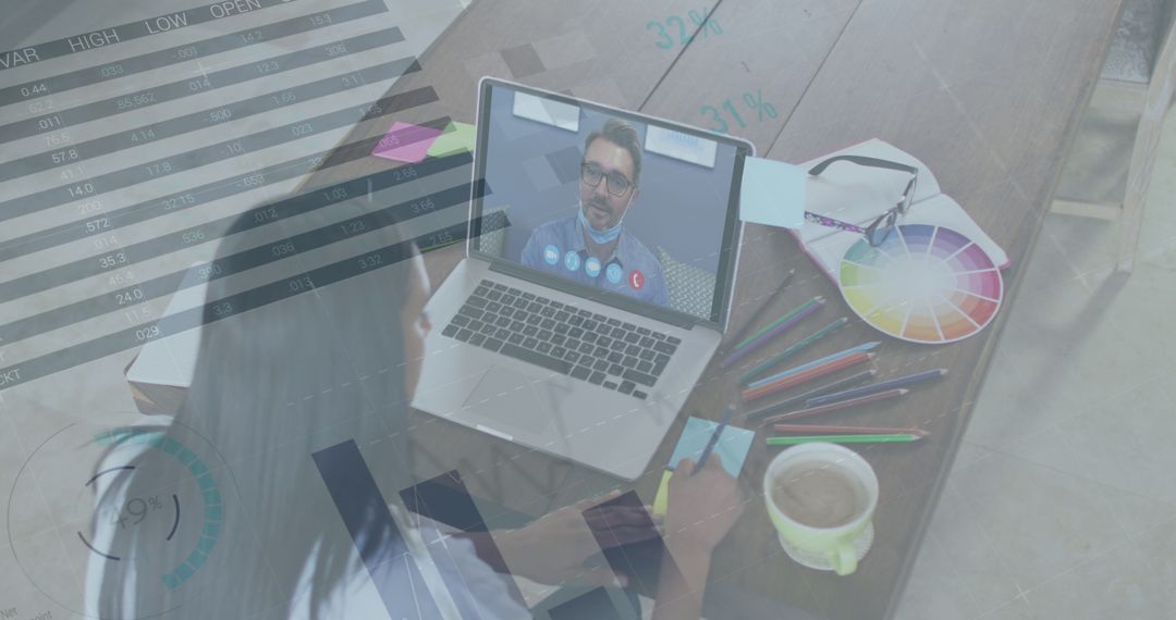 Designer in Virtual Meeting Analyzing Financial Graphs