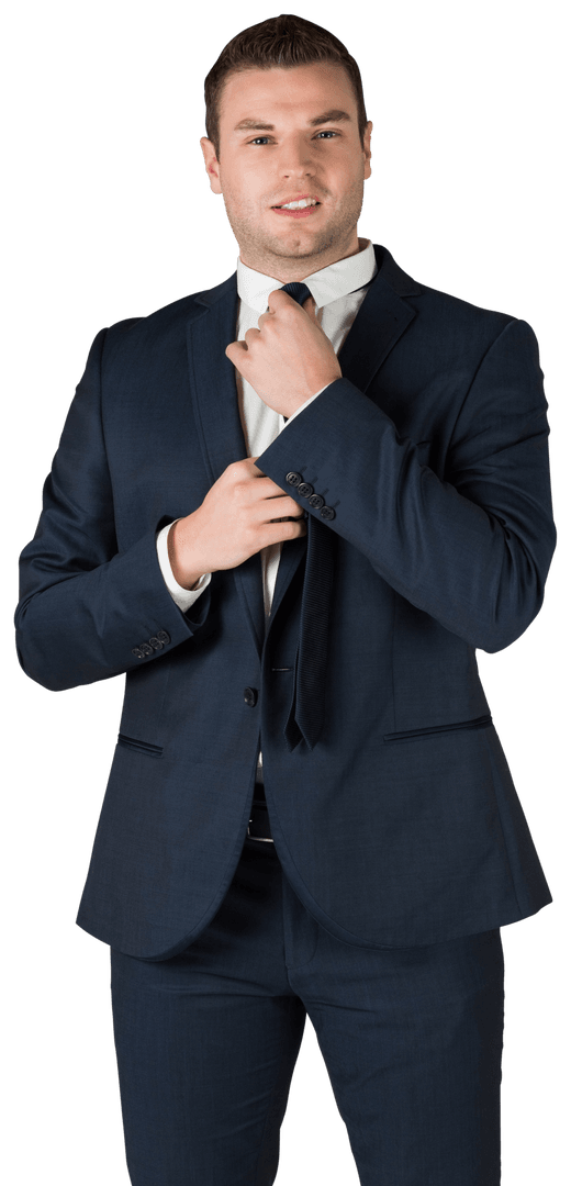 Confident Businessman Adjusting Tie with Transparent Background