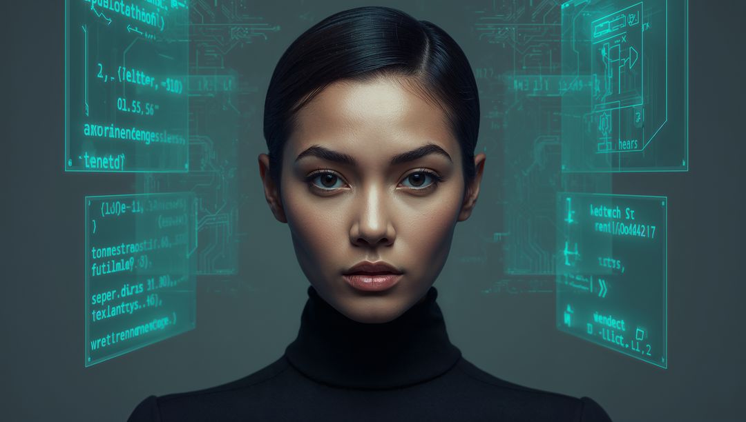 Asian woman holding direct gaze wearing black turtleneck with holographic tech interface