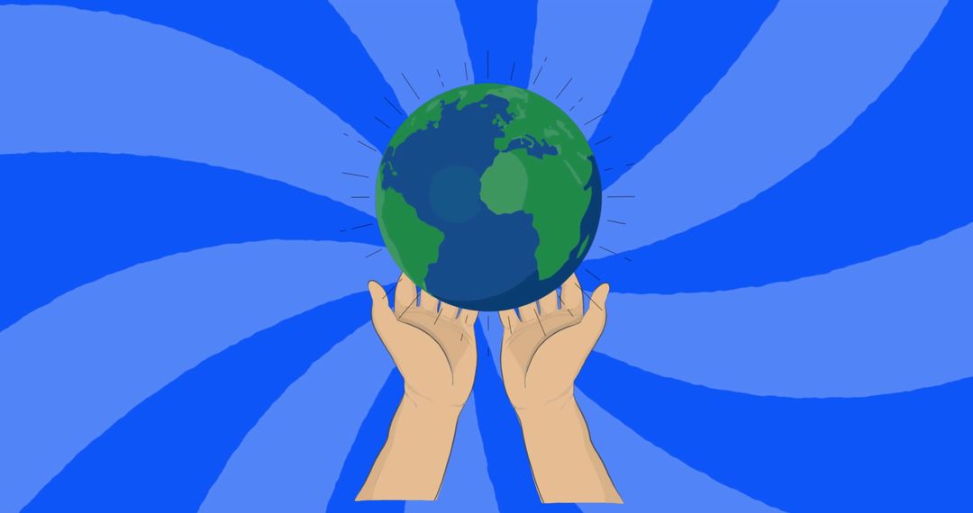 Hands Sustainably Supporting Earth on Blue Spiral Background