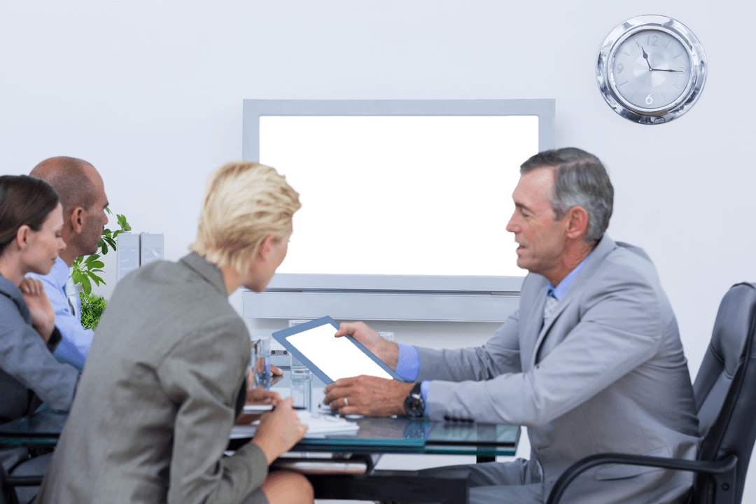 Corporate Team Discussing Project in Office with Transparent Screen