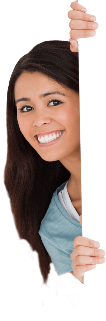 Smiling Woman Holding Transparent Sign for Advertisement