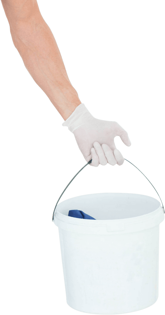 Arm Wearing Gloves Holding White Paint Bucket Transparent Background