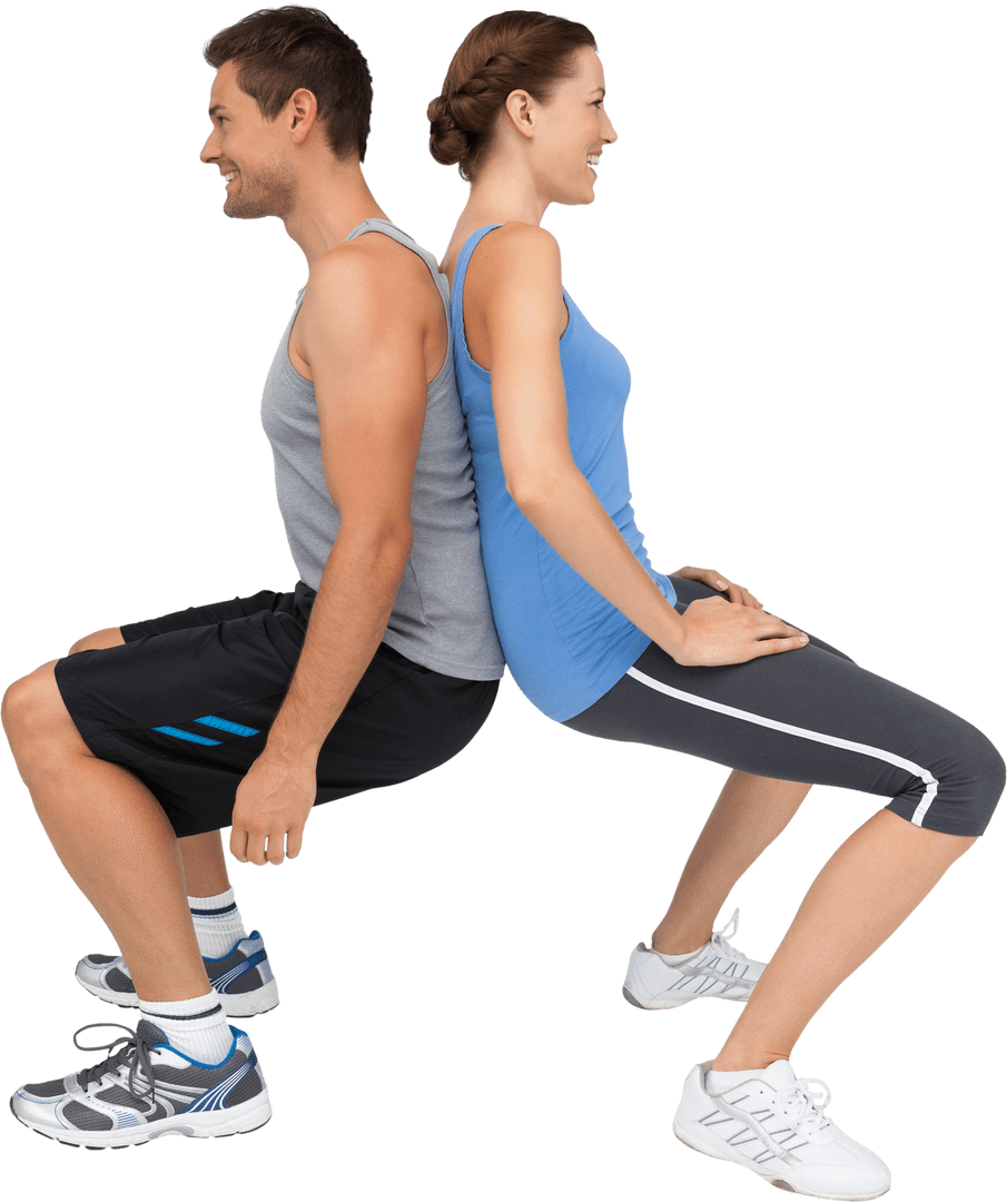 Transparent Couple Exercising Back-to-Back Chair Squats