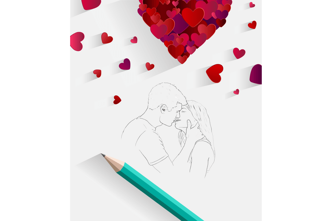 Romantic Valentine's Couple with Floating Hearts on Transparent Background