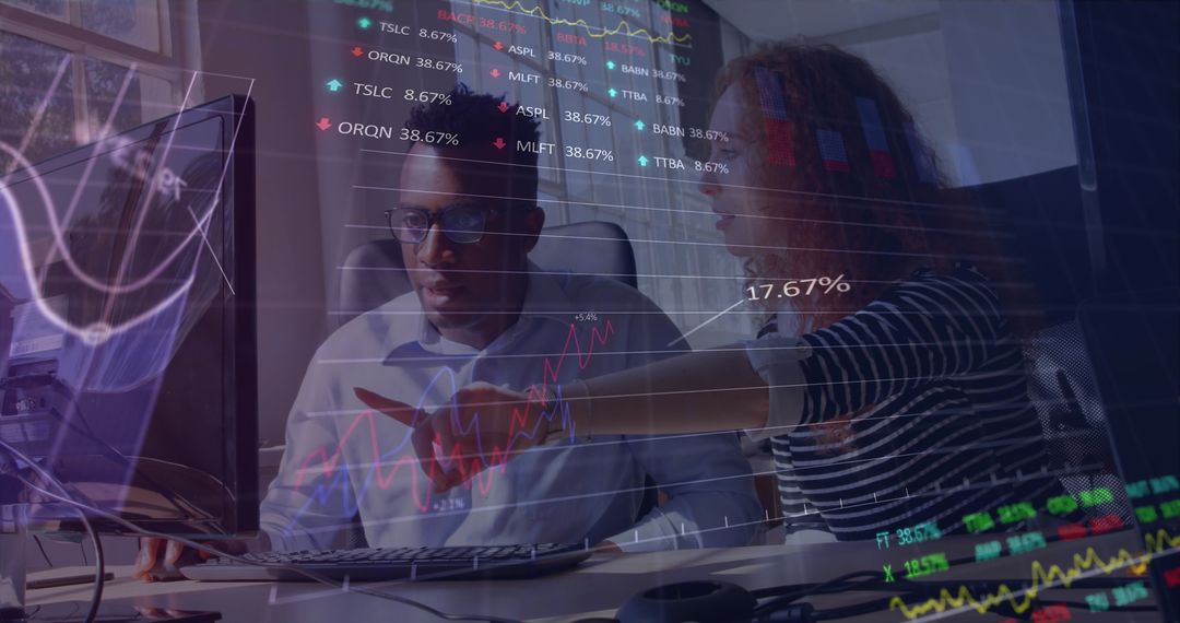 Diverse Coworkers Analyzing Graphs and Stock Market Trends