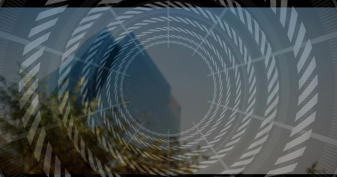 Futuristic Urban Skyline with Geometric Spiral Overlay