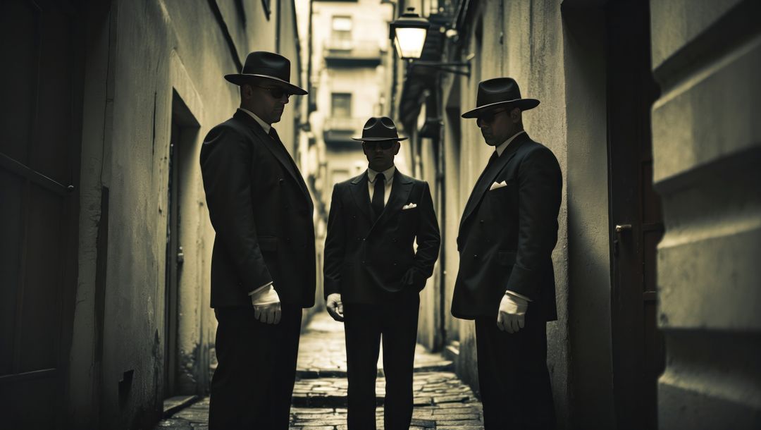 Mysterious bodyguards in cobblestone alley by lantern light
