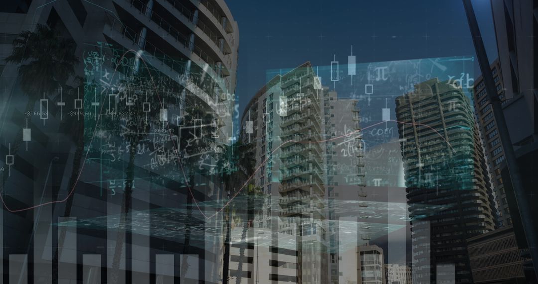 Futuristic Cityscape with Digital Data Overlay and Evening Lights