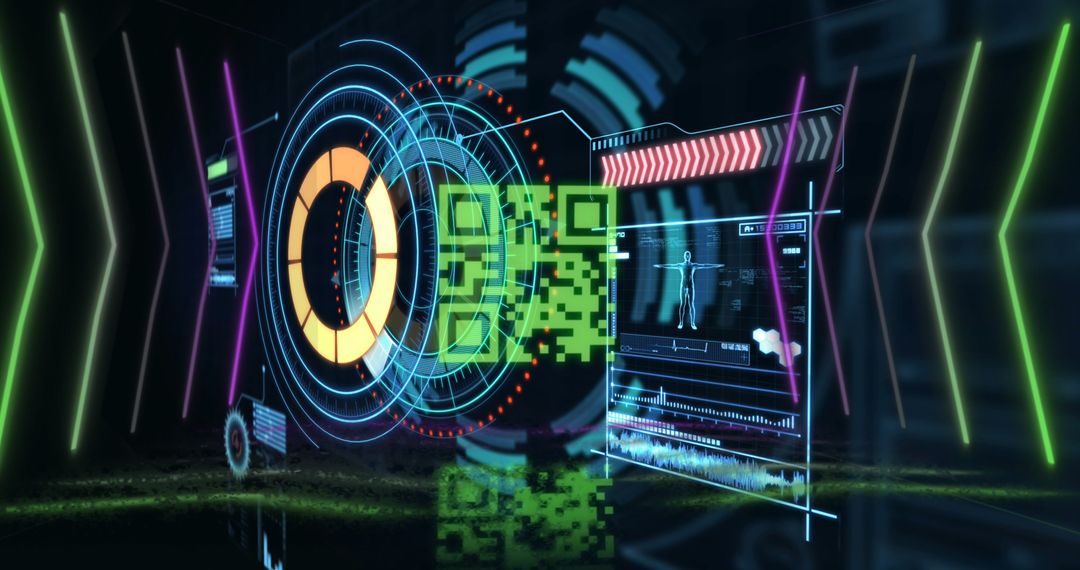 Neon QR Code Data Interface with Futuristic Scanning Design