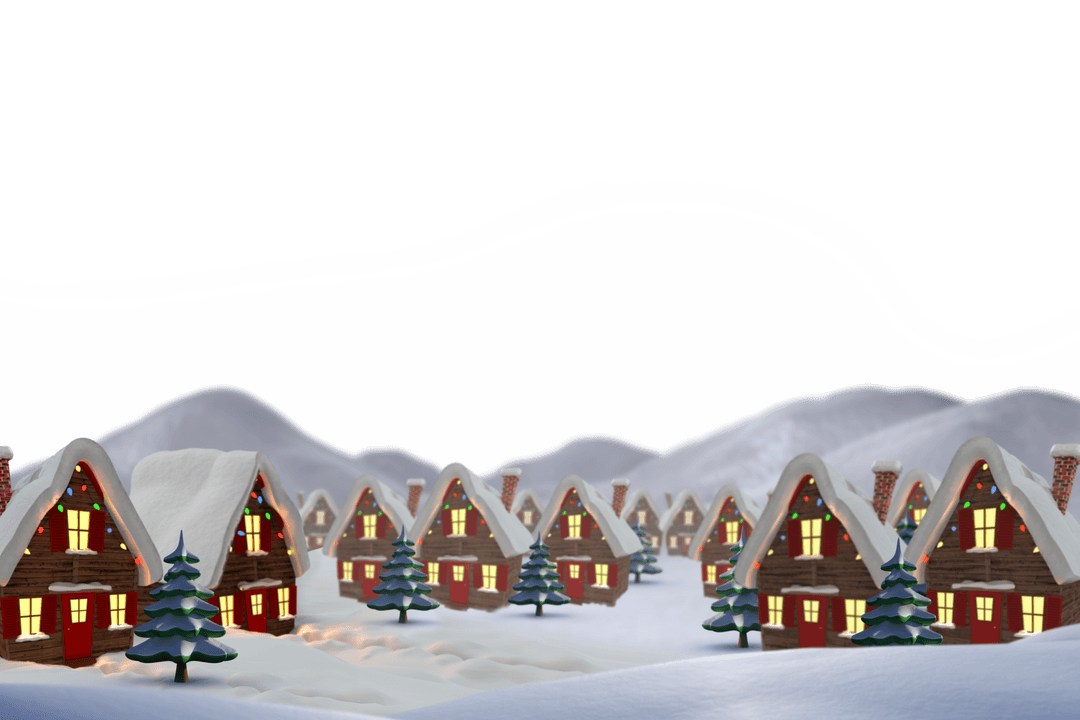 Winter Village with Snowy Rooftops on Transparent Background