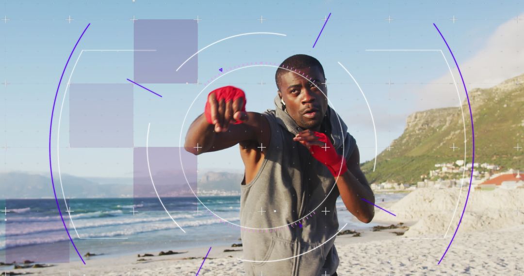 African American Boxer Training on Beach with Digital Interface