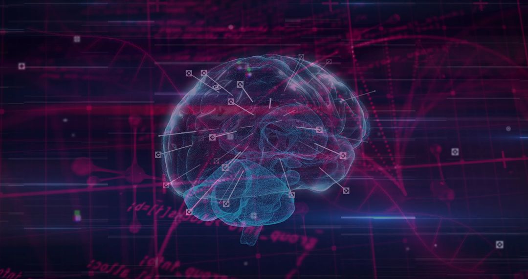 Digital Brain Concept with Data Overlay and DNA Strand