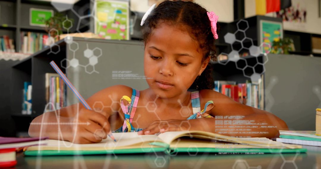 Young Girl Studying in Library with Technology Overlay