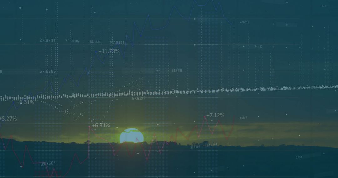 Sunrise Over Mountains with Financial Data Overlay