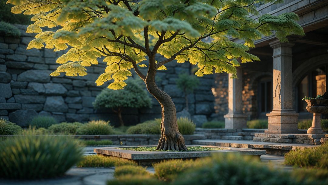 Tranquil Courtyard with Sunlit Ornamental Tree