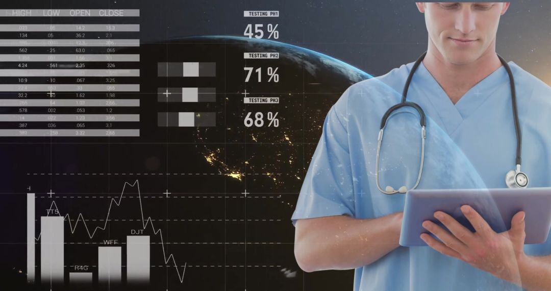 Doctor Analyzing Healthcare Data with Digital Tablet in Futuristic Background