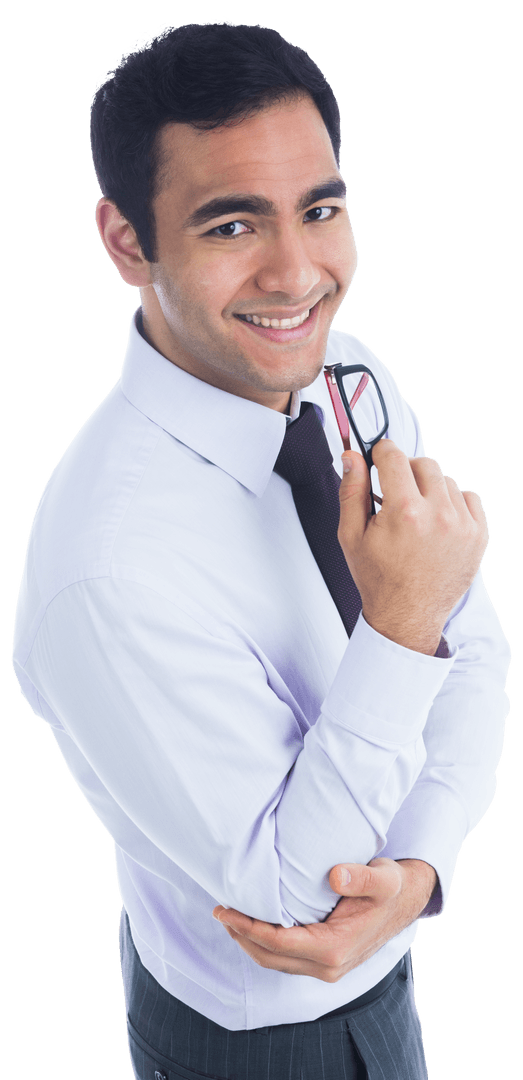 Confident Biracial Businessman Smiling with Glasses on Transparent Background