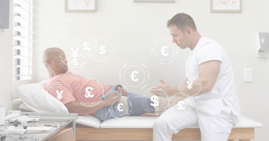 Clinician Consulting Patient on Leg Assessment and Billing with Currency Symbols Overlay