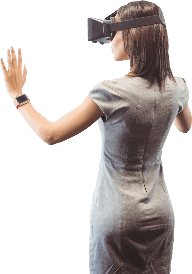 Businesswoman Interacting with Virtual Reality on Transparent Background