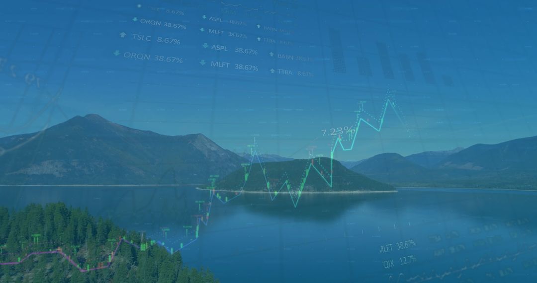 Graph Overlay on Tranquil Mountain Lake Landscape