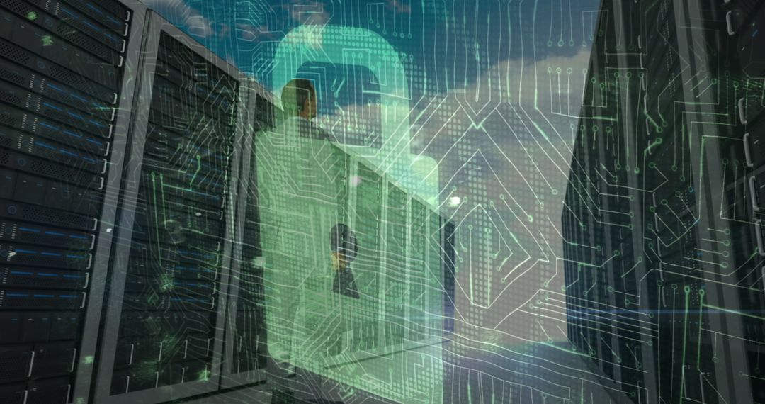 Cybersecurity Threat Overlaid on Server Room Setting
