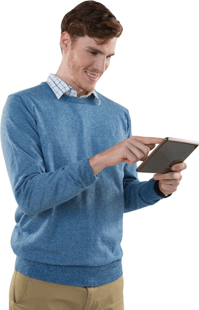 Happy Caucasian Man Using Tablet Isolated on Transparent Background