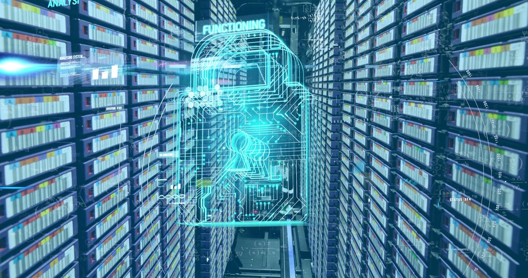 Futuristic Padlock Hologram Over Data Center